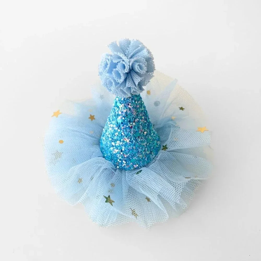 NWT Cute Princess Happy Birthday Hat Girls Hair Clip Blue & Gold Glitter Tulle